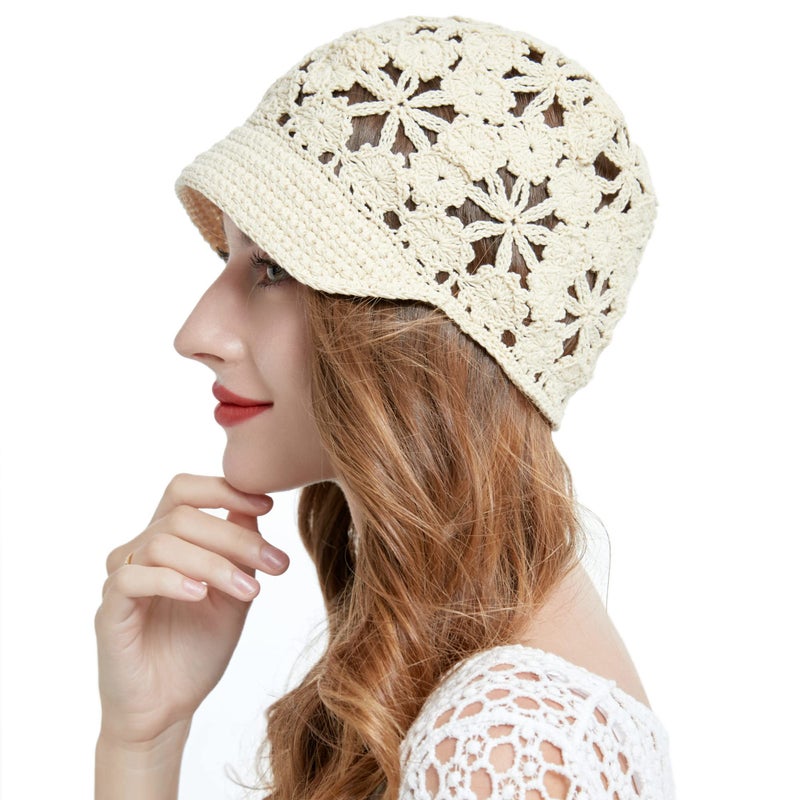 ZLYC Women Summer Slouchy Crochet Hat Handmade Cutout Knit Skull Cap with Visor (Plain Beige) - Image 1