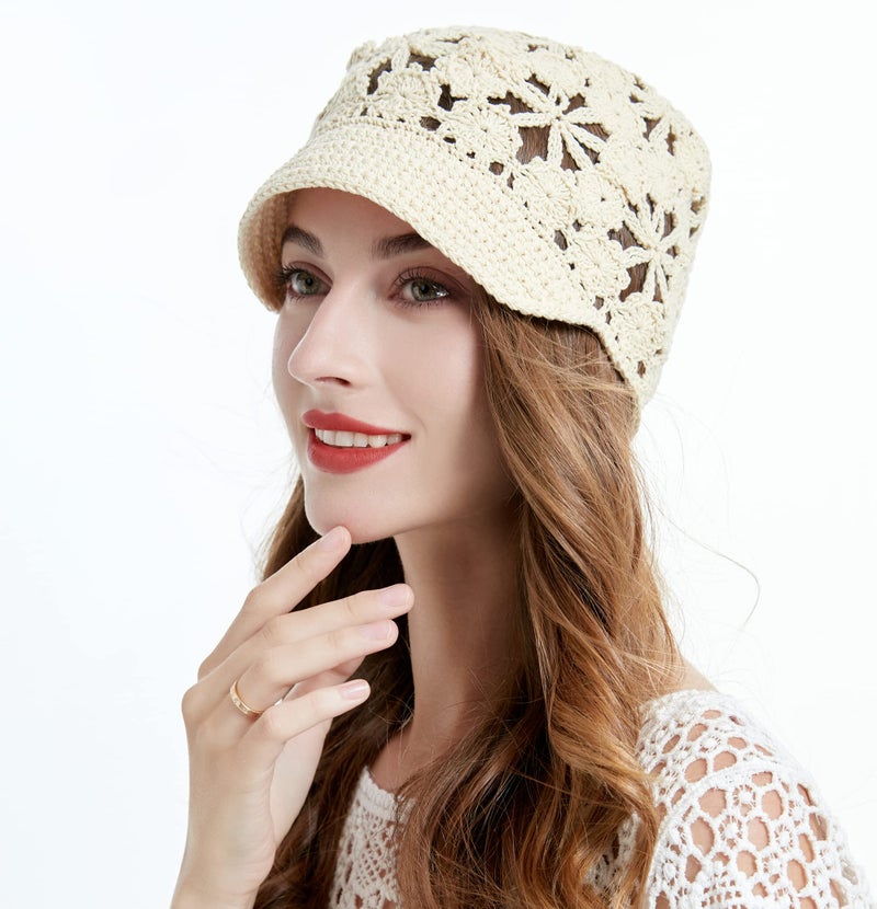 ZLYC Women Summer Slouchy Crochet Hat Handmade Cutout Knit Skull Cap with Visor (Plain Beige) - Image 2