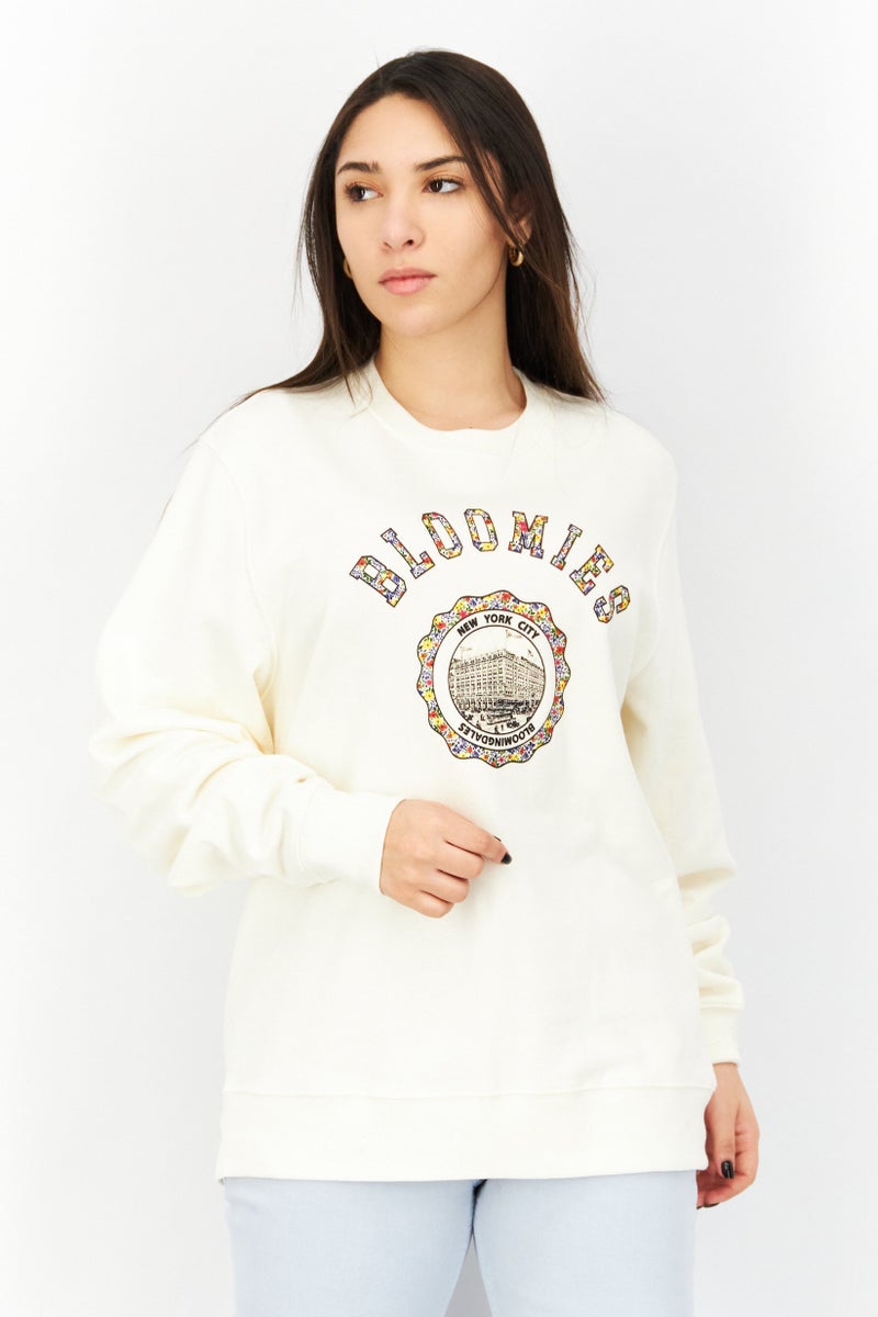 Bloomies Women Crew Neck Graphic Long Sleeve Fleece Sweatshirt, Ivory - Image 1