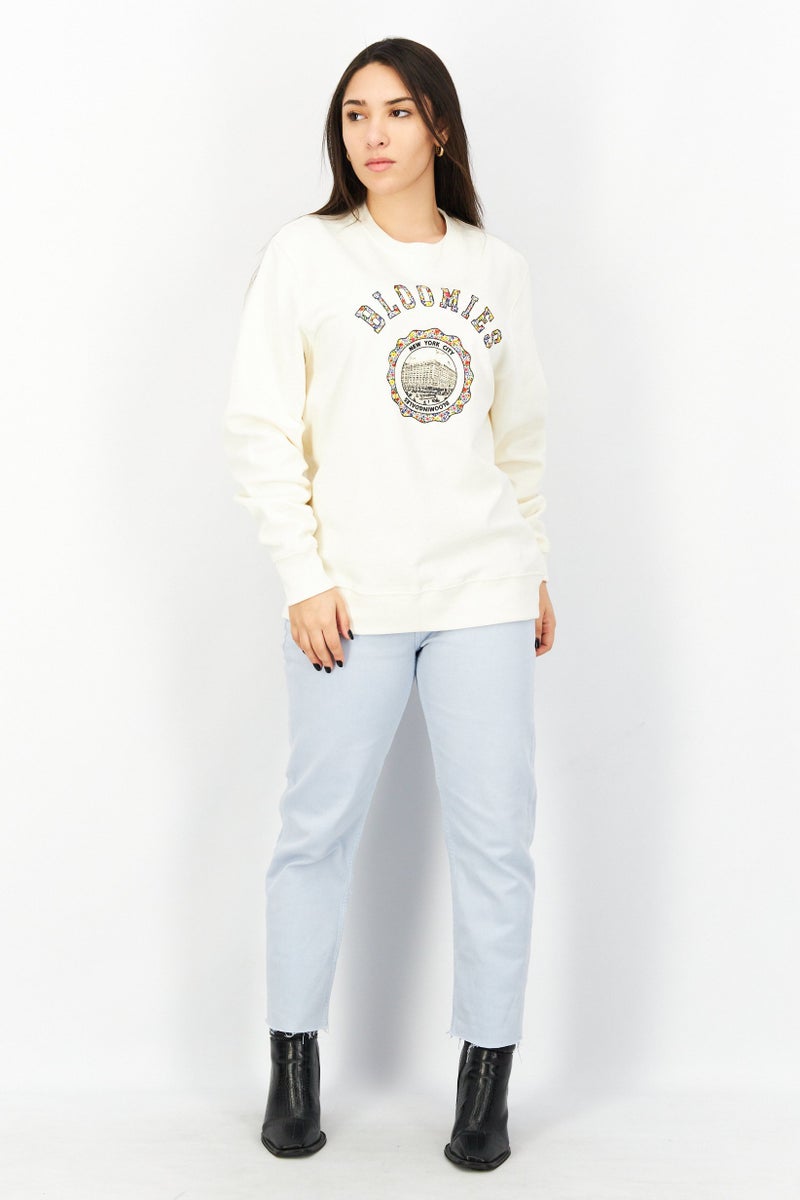Bloomies Women Crew Neck Graphic Long Sleeve Fleece Sweatshirt, Ivory - Image 2