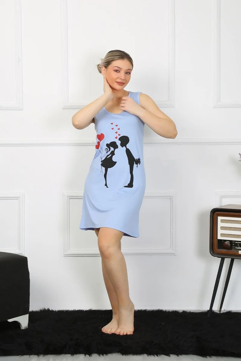 Akbeniz Women's Thick Strap Combed Cotton Above Knee Blue Nightgown 11310