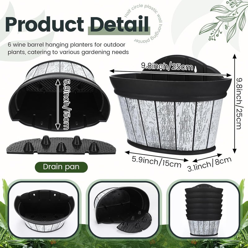 Layhit 6 Pcs Wall Hanging Planters Outdoor Pot Planter Wine Barrel Planter Distressed Oak Thickened Plastic Water Storage Flower Pots for Plants Flower Indoor Outdoor Railing (12 Inches,Wood White) - Image 2
