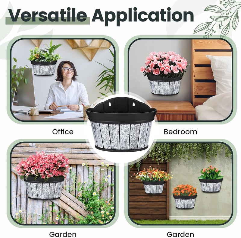 Layhit 6 Pcs Wall Hanging Planters Outdoor Pot Planter Wine Barrel Planter Distressed Oak Thickened Plastic Water Storage Flower Pots for Plants Flower Indoor Outdoor Railing (12 Inches,Wood White) - Image 3