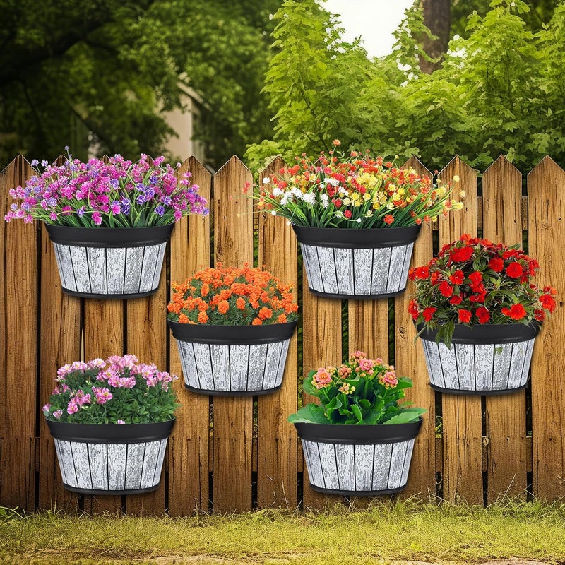 Layhit 6 Pcs Wall Hanging Planters Outdoor Pot Planter Wine Barrel Planter Distressed Oak Thickened Plastic Water Storage Flower Pots for Plants Flower Indoor Outdoor Railing (12 Inches,Wood White) - Image 1
