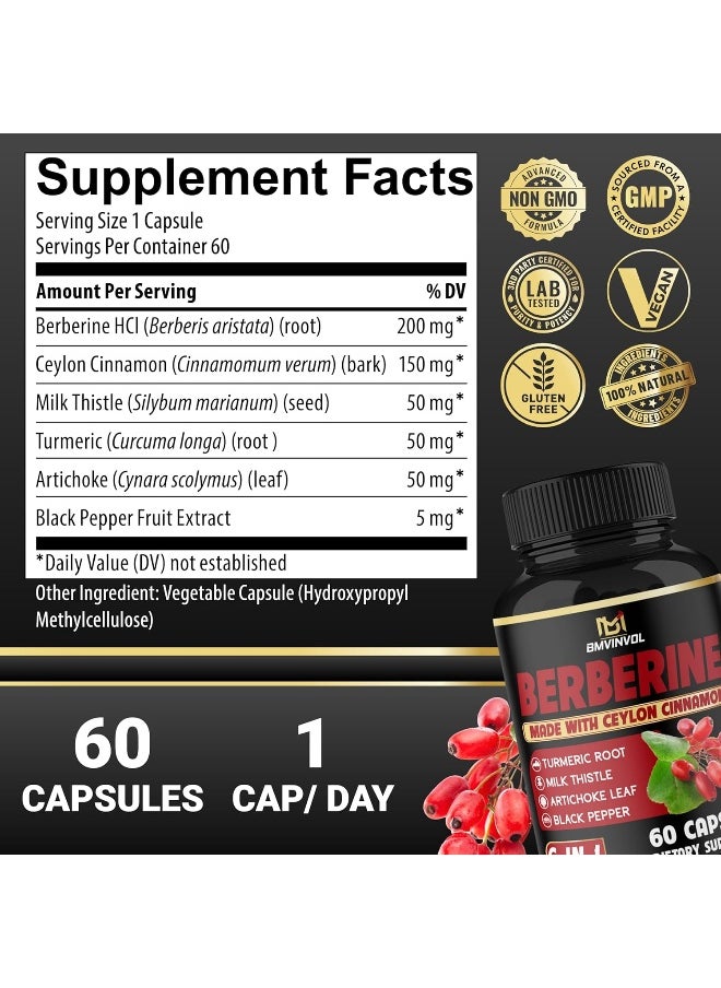 BMVINVOL Berberine Supplement 4700mg - Highest Potency with Ceylon Cinnamon, Turmeric - Supports Immune Function, Healthy Blood Sugar, Glucose Metabolism - Berberine HCl Supplement Pills - 2 Months Supply  - Image 2