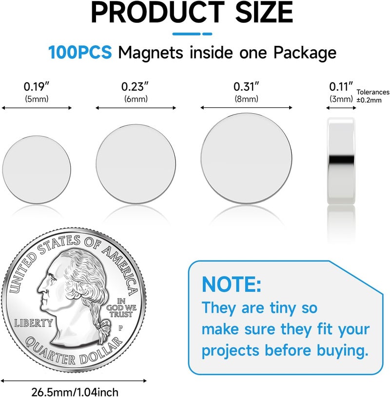 Vruelia 100-Pack Strong Refrigerator Magnets - Silver Nickel Round Small Mini Sizes for Fridge, Whiteboard, Math, Office & Home (8x3mm) - Image 3