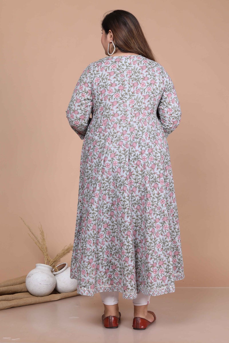 Miravan Womens Plus Size Blue Floral Printed And Gota Work Cotton Ethnic Anarkali - Image 5