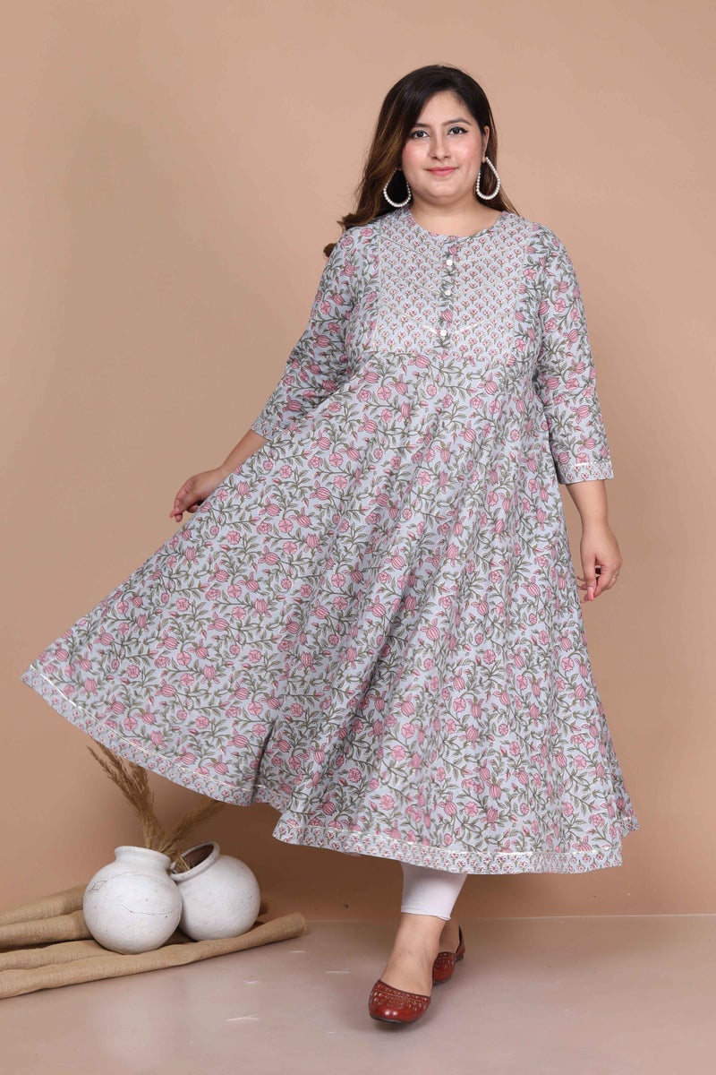 Miravan Womens Plus Size Blue Floral Printed And Gota Work Cotton Ethnic Anarkali - Image 4