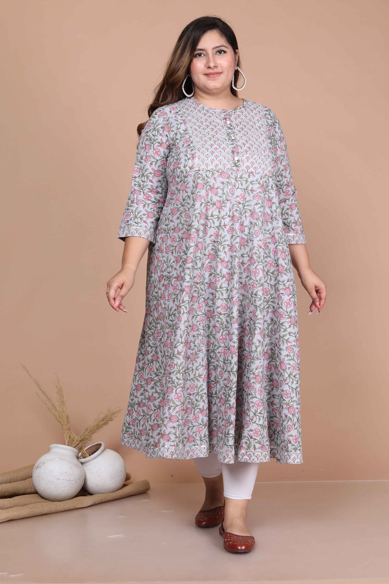 Miravan Womens Plus Size Blue Floral Printed And Gota Work Cotton Ethnic Anarkali - Image 1
