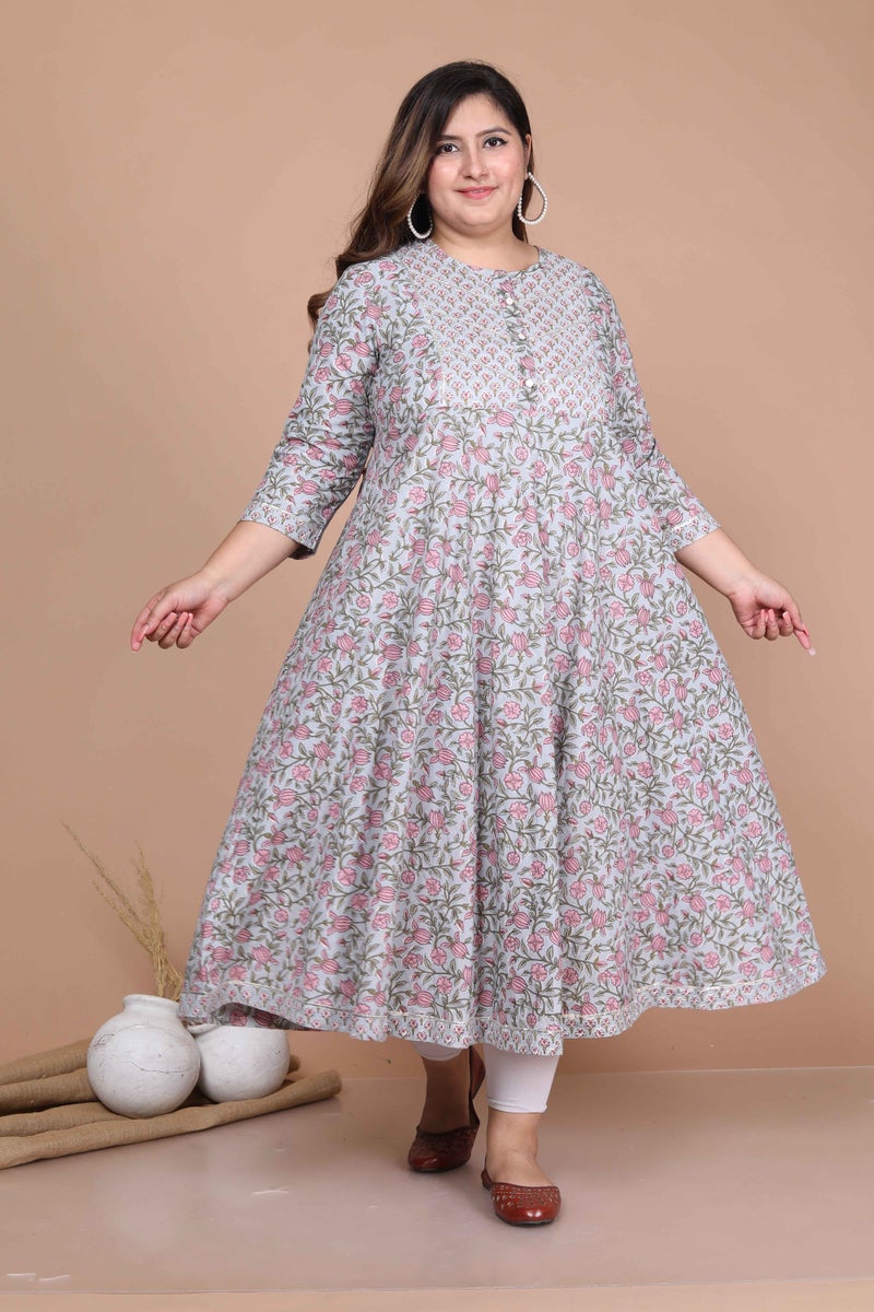 Miravan Womens Plus Size Blue Floral Printed And Gota Work Cotton Ethnic Anarkali - Image 2