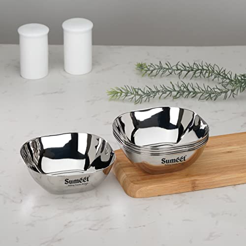 Sumeet Heavy Gauge Stainless Steel Apple Square Bowl/Wati/Katori with Mirror Finish – 10.6cm Dia, set of 6pc, 250ML Each - Silver - Image 5