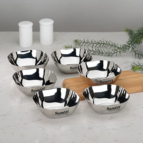 Sumeet Heavy Gauge Stainless Steel Apple Square Bowl/Wati/Katori with Mirror Finish – 10.6cm Dia, set of 6pc, 250ML Each - Silver - Image 1