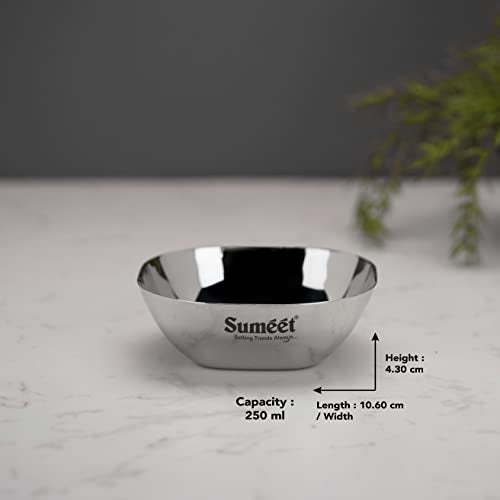 Sumeet Heavy Gauge Stainless Steel Apple Square Bowl/Wati/Katori with Mirror Finish – 10.6cm Dia, set of 6pc, 250ML Each - Silver - Image 4