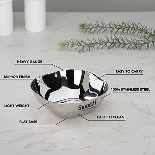 Sumeet Heavy Gauge Stainless Steel Apple Square Bowl/Wati/Katori with Mirror Finish – 10.6cm Dia, set of 6pc, 250ML Each - Silver - Image 2