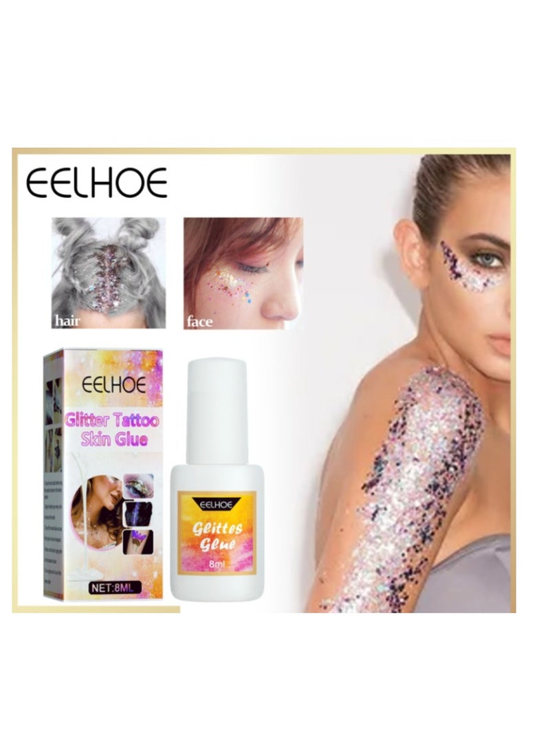 EELHOE Temporary Tattoo Glue - 8ml Glitter Glue Brush Bottle, Water Soluble Body Painting Glue, Ideal for Halloween, Carnival, Birthday Party, Theme Party, Costume Events & Makeup Artists - Image 1
