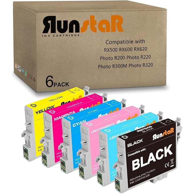 Run Star 6 Pack T048 Remanufactured Ink Cartridge Replacement for 48 T048 use for Stylus Photo R200 R220 R300 R300M R320 R340 RX500 RX600 RX620 Printer (BK/C/M/Y/LC/LM)