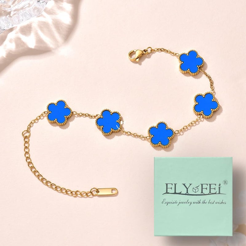 FLY FEI 18K Gold-Plated Four Leaf Clover Bracelet for Women,Adjustable lucky Bracelet Jewelry Gift-Hypoallergenic Charm for Birthdays, Wellness & Daily Wear(style01-Blue) - Image 2