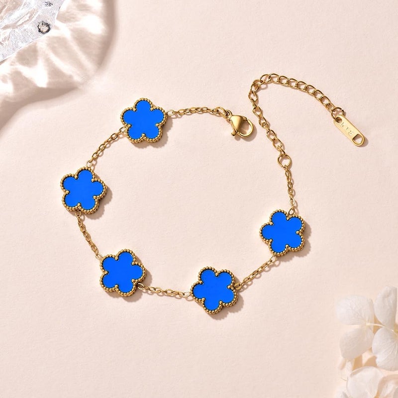 FLY FEI 18K Gold-Plated Four Leaf Clover Bracelet for Women,Adjustable lucky Bracelet Jewelry Gift-Hypoallergenic Charm for Birthdays, Wellness & Daily Wear(style01-Blue) - Image 4