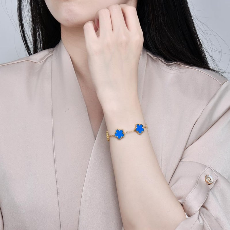 FLY FEI 18K Gold-Plated Four Leaf Clover Bracelet for Women,Adjustable lucky Bracelet Jewelry Gift-Hypoallergenic Charm for Birthdays, Wellness & Daily Wear(style01-Blue) - Image 5