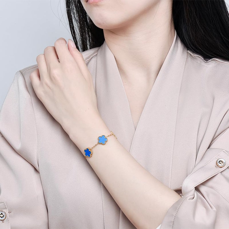 FLY FEI 18K Gold-Plated Four Leaf Clover Bracelet for Women,Adjustable lucky Bracelet Jewelry Gift-Hypoallergenic Charm for Birthdays, Wellness & Daily Wear(style01-Blue) - Image 3