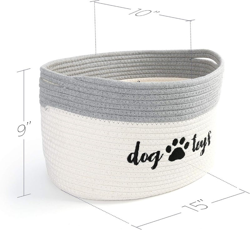 PrimePets Cotton Rope Dog Toy Basket, Small Basket with Handles, Woven Storage Bin for Dogs Pets, 15x10x9 inch Pet Basket Container Holder for Toys, White and Grey - Image 2