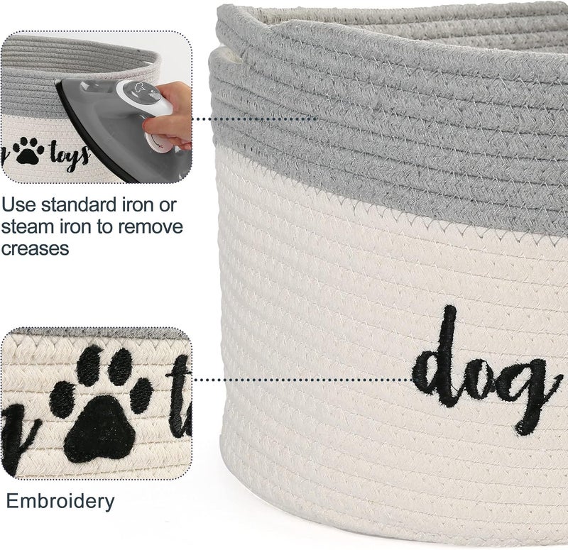 PrimePets Cotton Rope Dog Toy Basket, Small Basket with Handles, Woven Storage Bin for Dogs Pets, 15x10x9 inch Pet Basket Container Holder for Toys, White and Grey - Image 3