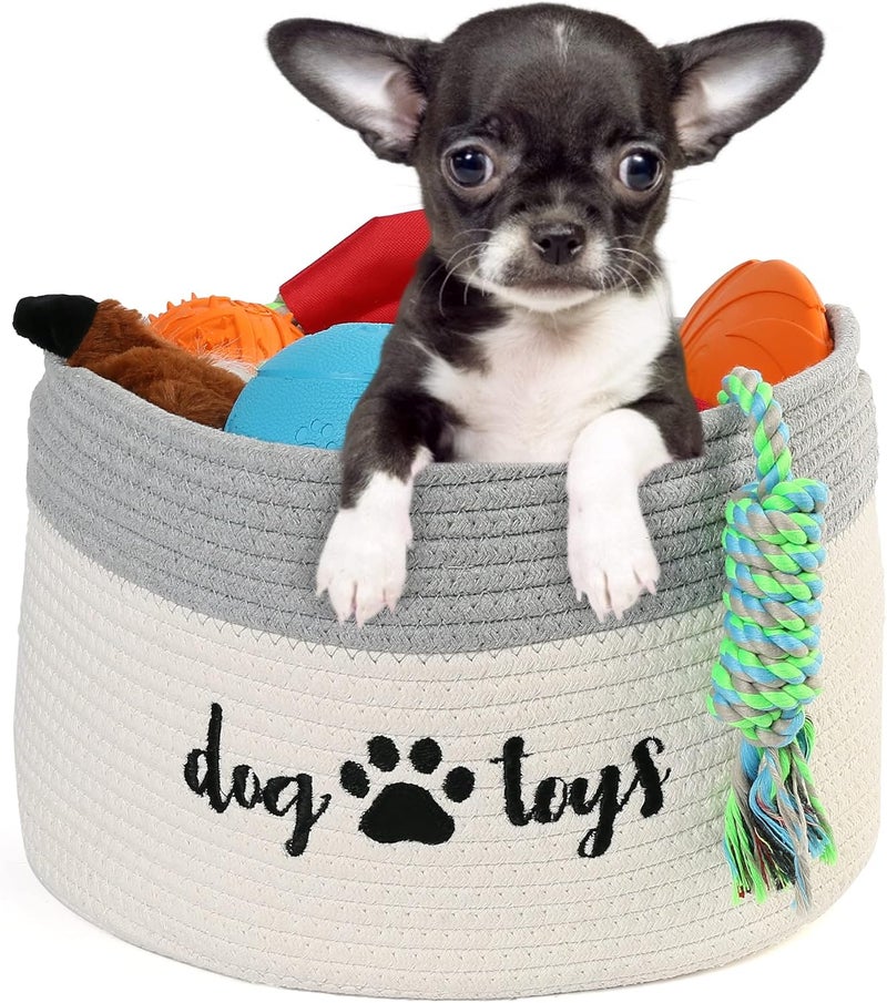 PrimePets Cotton Rope Dog Toy Basket, Small Basket with Handles, Woven Storage Bin for Dogs Pets, 15x10x9 inch Pet Basket Container Holder for Toys, White and Grey - Image 1