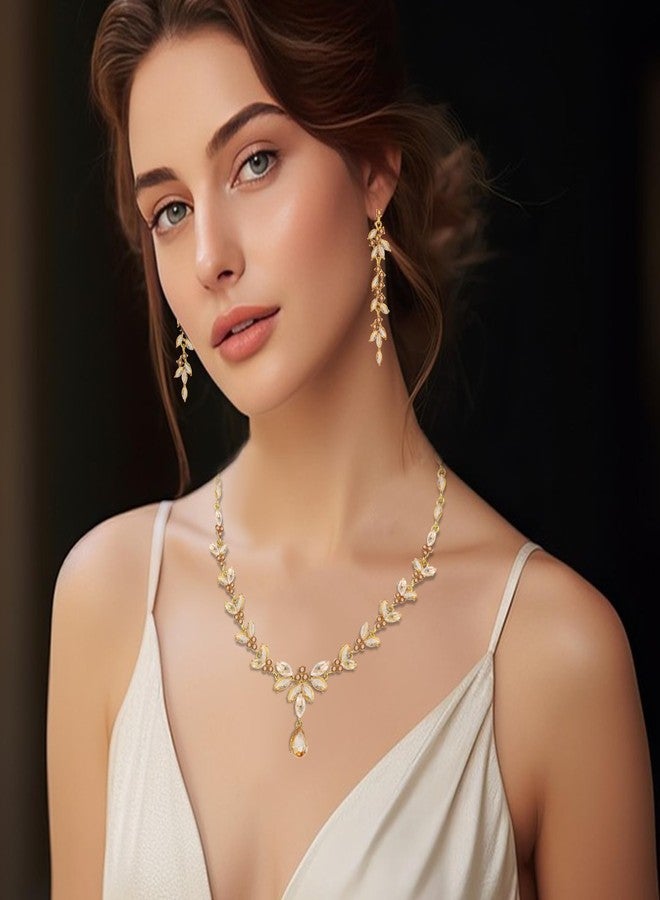 Paxuan Wedding Jewelry Sets for Bride Bridesmaid Bridal Jewelry Set for Women Wedding Crystal Necklace Earrings Bracelet Set for Party Prom Jewelry (Champagne - 14K Gold) - Image 2