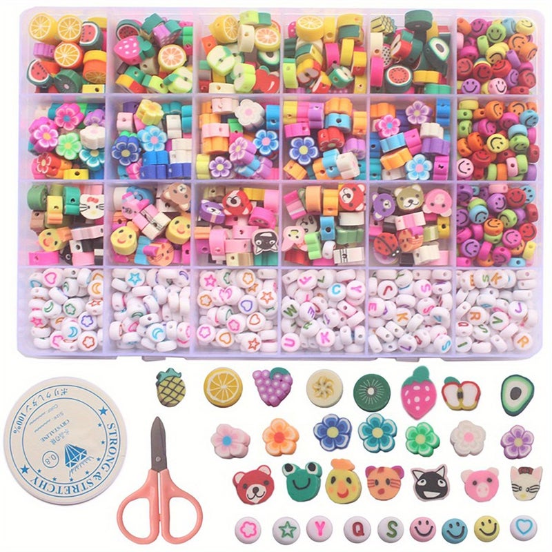 750Pcs Polymer Clay Bead Set 24 Compartments 10mm Mix Star Moon Fruit Animal Charms Joyful Faces Letter Slices For DIY Bracelet Making Vibrant Multicolor Craft Beads Non Metal Jewelry Materials Colorful Decorative Accessories - Image 1