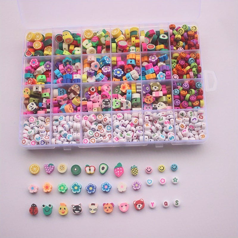 750Pcs Polymer Clay Bead Set 24 Compartments 10mm Mix Star Moon Fruit Animal Charms Joyful Faces Letter Slices For DIY Bracelet Making Vibrant Multicolor Craft Beads Non Metal Jewelry Materials Colorful Decorative Accessories - Image 5