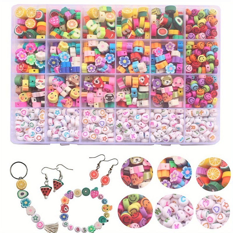 750Pcs Polymer Clay Bead Set 24 Compartments 10mm Mix Star Moon Fruit Animal Charms Joyful Faces Letter Slices For DIY Bracelet Making Vibrant Multicolor Craft Beads Non Metal Jewelry Materials Colorful Decorative Accessories - Image 2