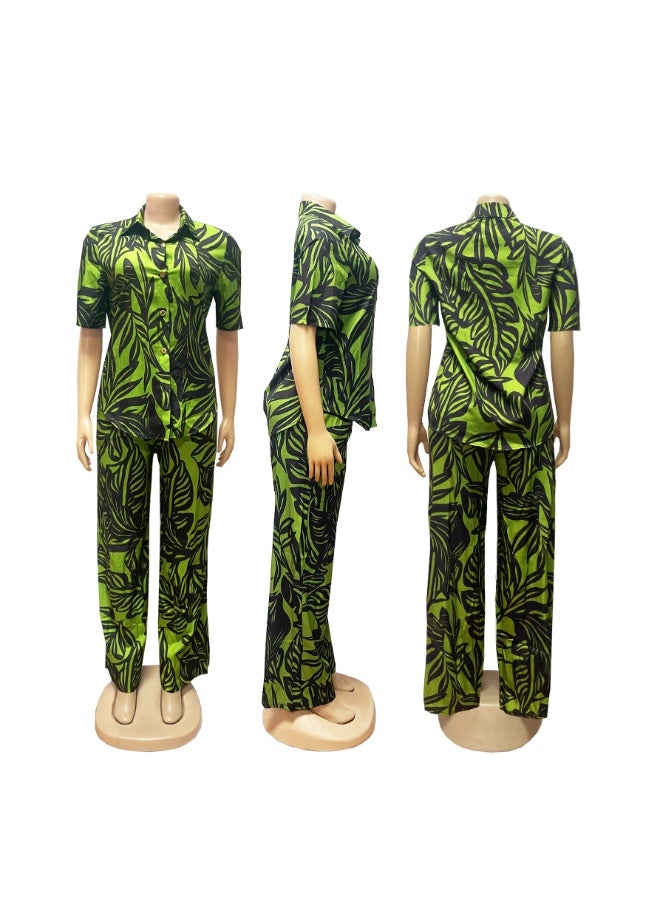 KUYING New Fashion Printed Short Sleeve Open Waist High Waist Elastic Wide Leg Pants Set - Image 4