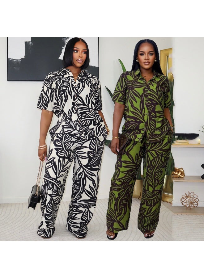 KUYING New Fashion Printed Short Sleeve Open Waist High Waist Elastic Wide Leg Pants Set - Image 3