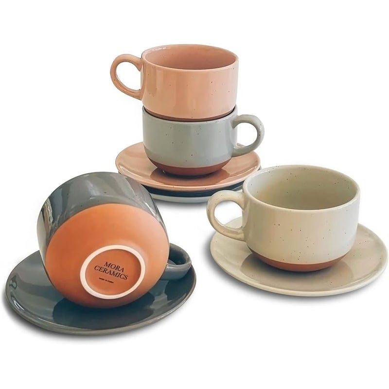Mora Ceramics 8oz Cappuccino Mug Set of 4 - Ceramic Coffee Cups with Saucers - Microwave and Dishwasher Safe, Perfect For Tea, Espresso, Latte - Porcelain Mugs for Kitchen or Cafe - Assorted Neutrals - Image 1