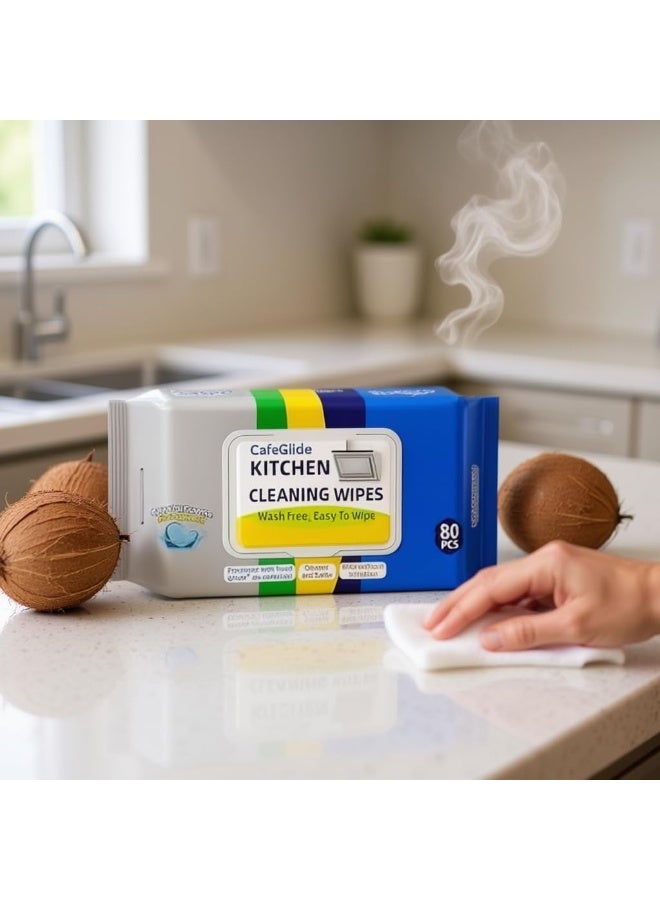 عبوة من قطعتين من مناديل التنظيف المبللة السميكة للمطبخ، مقاس كبير جدًا 24 × 21 سم، بخلاصة زيت جوز الهند، متعددة الاستخدامات، 160 منديل تنظيف للمطبخ والمكتب والمطعم، لإزالة الشحوم والزيوت - Image 4