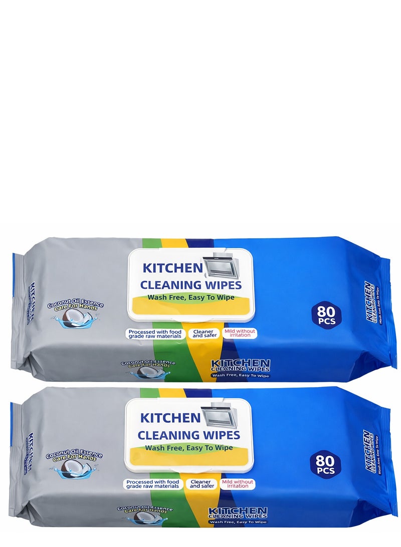 عبوة من قطعتين من مناديل التنظيف المبللة السميكة للمطبخ، مقاس كبير جدًا 24 × 21 سم، بخلاصة زيت جوز الهند، متعددة الاستخدامات، 160 منديل تنظيف للمطبخ والمكتب والمطعم، لإزالة الشحوم والزيوت - Image 1
