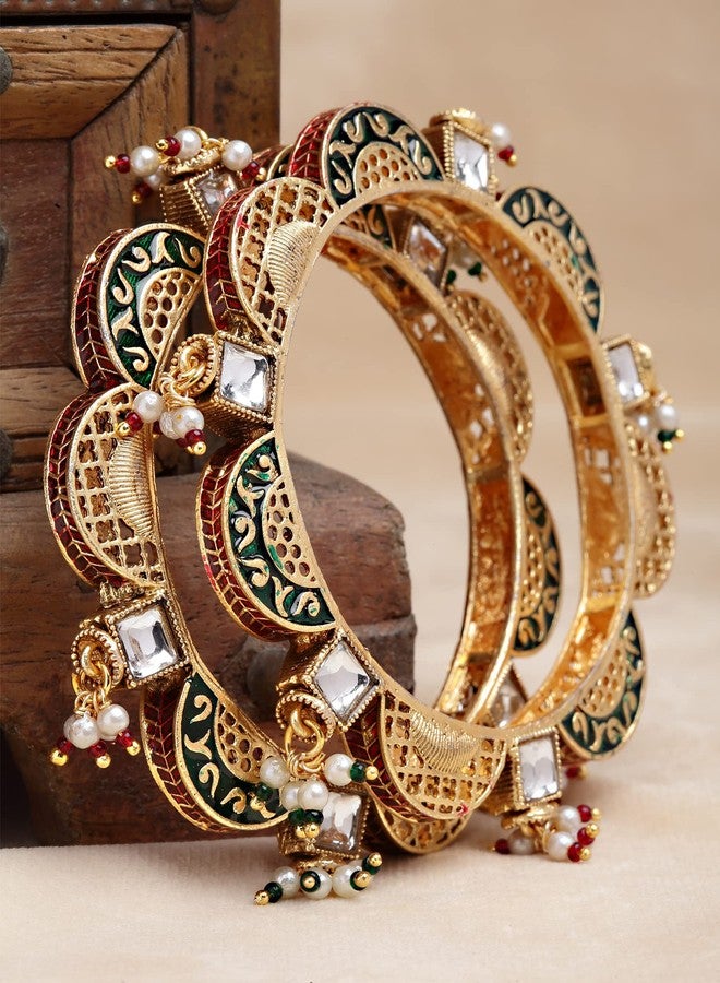 Karatcart Set of 2 Antique Gold Plated Temple Bangles for Women - Image 4