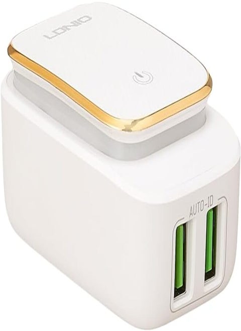 LDNIO A2205 Charger LED Touch Lamp With 2 USB Port AUTO-ID 2.4A , Touch power Switch With Lightning Cable - White With gold