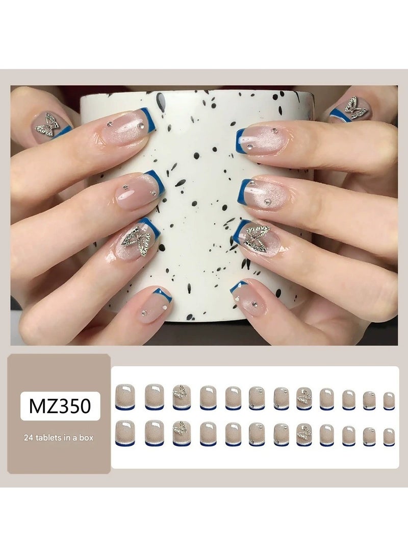 Goolsky Blue French Square Press On Nails – Smiley Cat Eye Fake Nail Tips Minimalist Style, 24pcs Reusable - Image 1