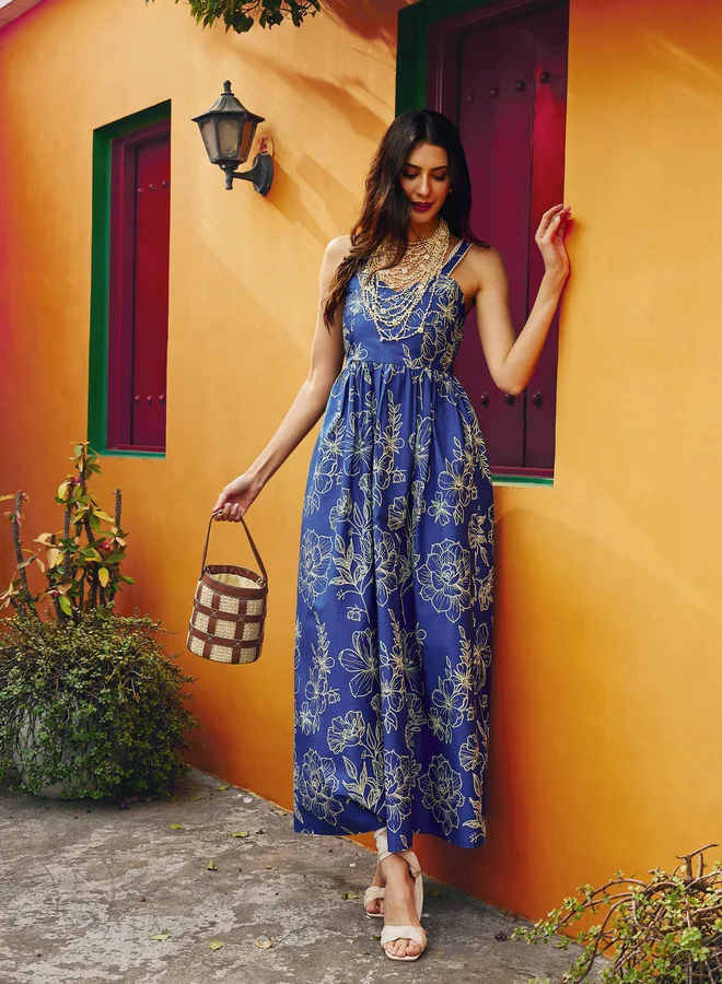 SASSAFRAS Blue Floral Print Strappy Maxi Dress