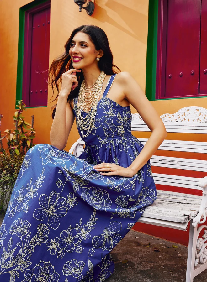 SASSAFRAS Blue Floral Print Strappy Maxi Dress