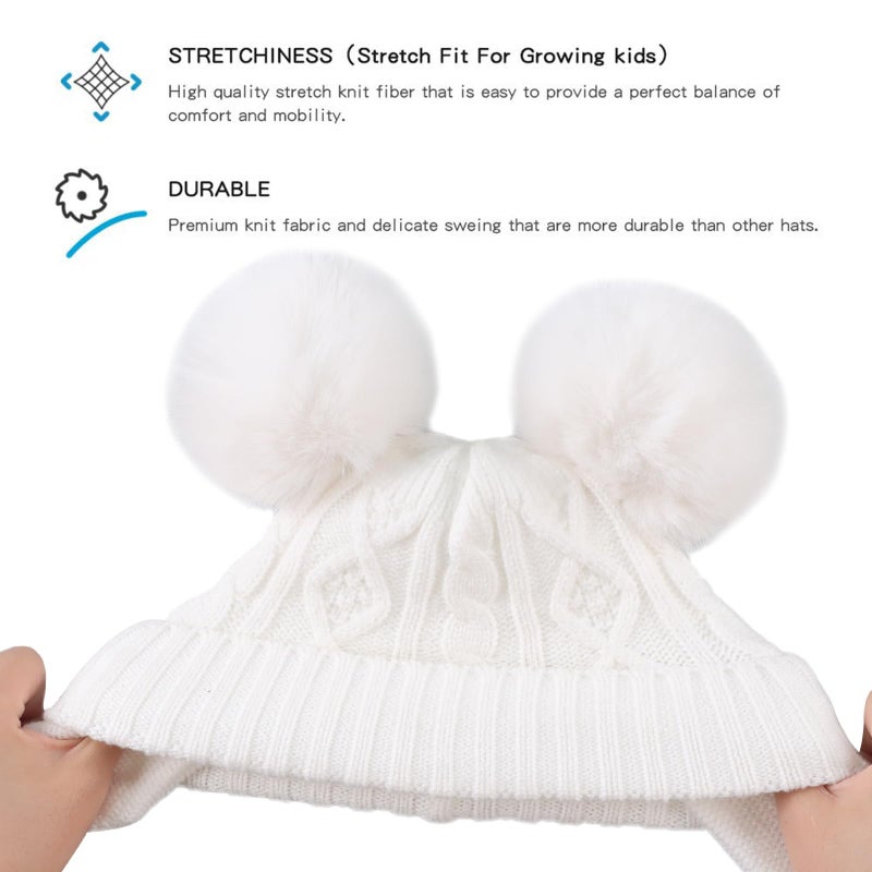 JANGANNSA Cute Knitted Boys Girls Christmas Beanie Warm Earflap Winter Hat Infant Toddler Baby Beanie 0-6Y (M, White Pompom) - Image 3