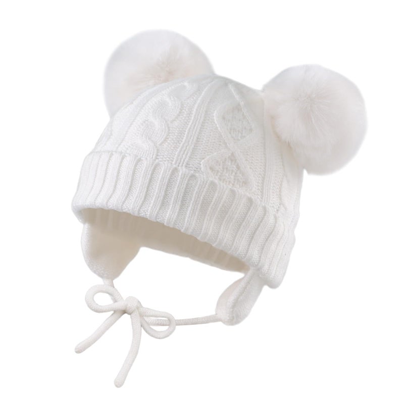 JANGANNSA Cute Knitted Boys Girls Christmas Beanie Warm Earflap Winter Hat Infant Toddler Baby Beanie 0-6Y (M, White Pompom) - Image 1