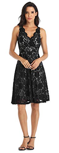 MISS MOLY Women Floral Lace Overlay Fit and Flare Dress V Neck Knee Length Elegant Wedding Party Dress Black M - Image 3