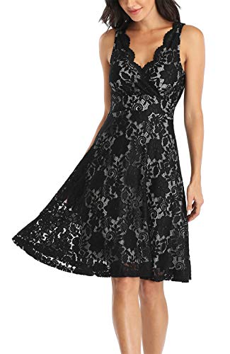 MISS MOLY Women Floral Lace Overlay Fit and Flare Dress V Neck Knee Length Elegant Wedding Party Dress Black M - Image 1