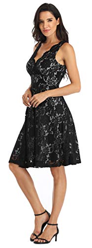 MISS MOLY Women Floral Lace Overlay Fit and Flare Dress V Neck Knee Length Elegant Wedding Party Dress Black M - Image 4