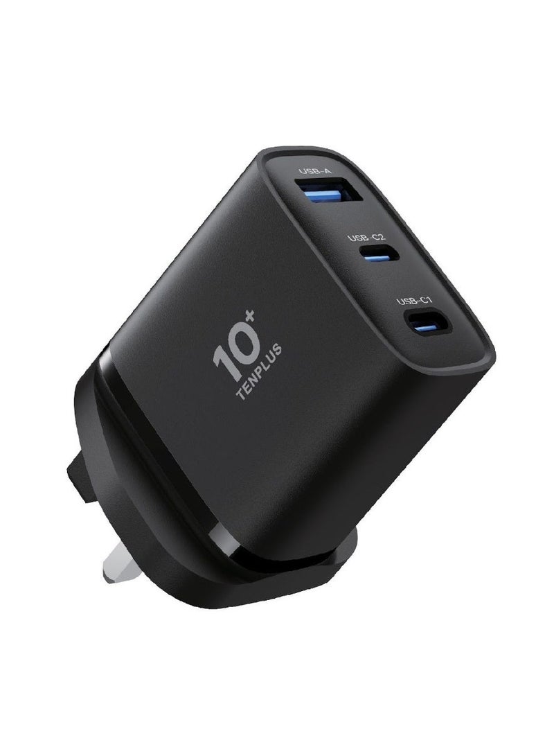 تنبلس شاحن حائط منزلي سريع 3 منافذ بقدرة 45 وات PD + QC 45W يوفر شحنًا سريعًا وآمنًا باللون الأسود - Image 1