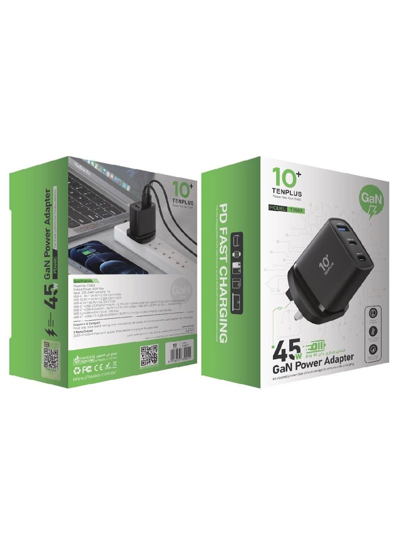 تنبلس شاحن حائط منزلي سريع 3 منافذ بقدرة 45 وات PD + QC 45W يوفر شحنًا سريعًا وآمنًا باللون الأسود - Image 2