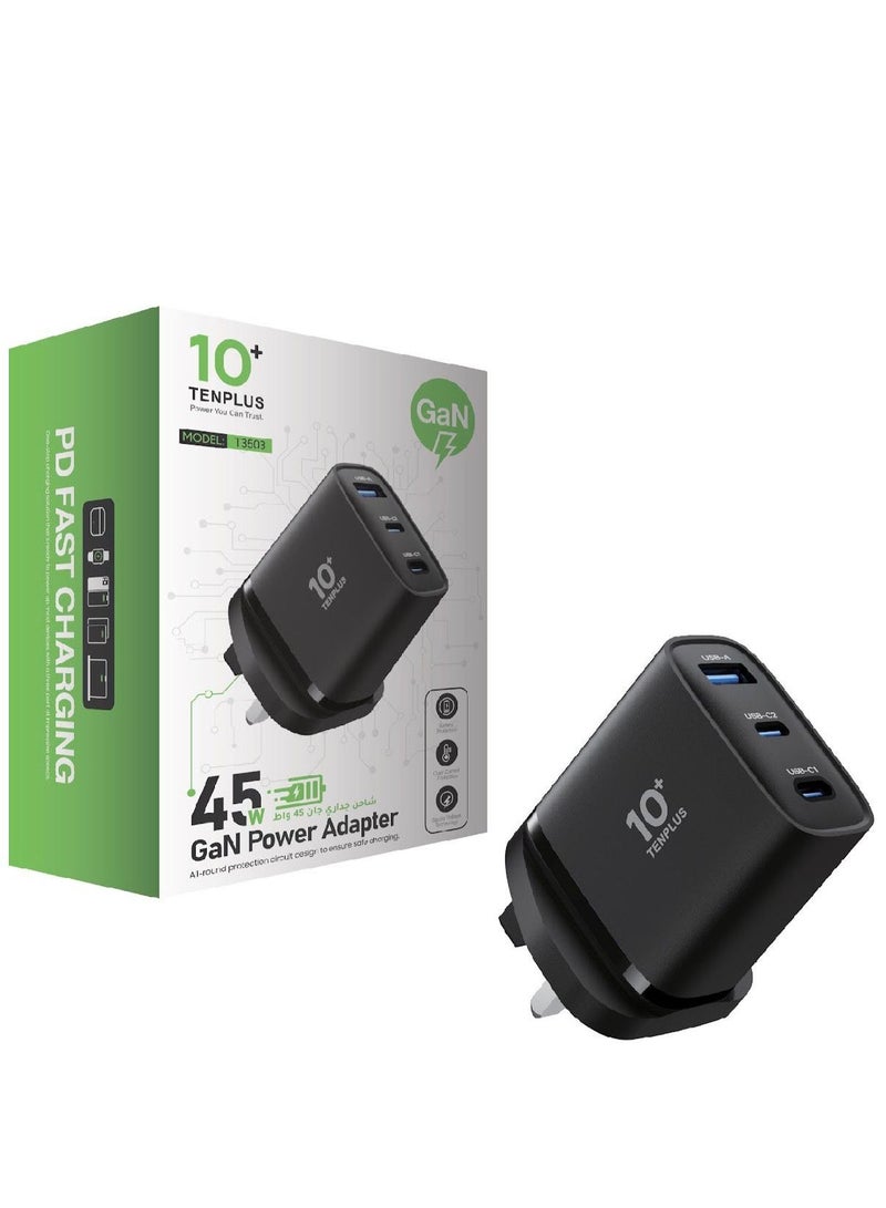 تنبلس شاحن حائط منزلي سريع 3 منافذ بقدرة 45 وات PD + QC 45W يوفر شحنًا سريعًا وآمنًا باللون الأسود - Image 3