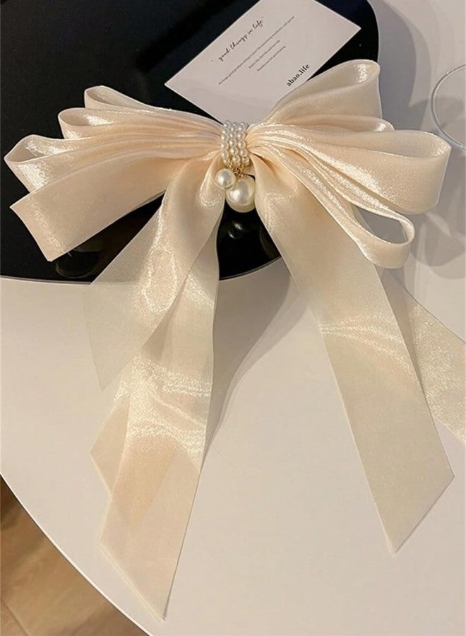 Ziory 1 Pc Satin Silk Multi-Layers Ribbon Peral Bow clip for girls- off white - Image 5